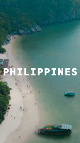 Vertical-Video-Drone-Shot-Of-Ocean-And-Beach-Overlaid-With-Animated-Graphic-Spelling-Out-Philippines